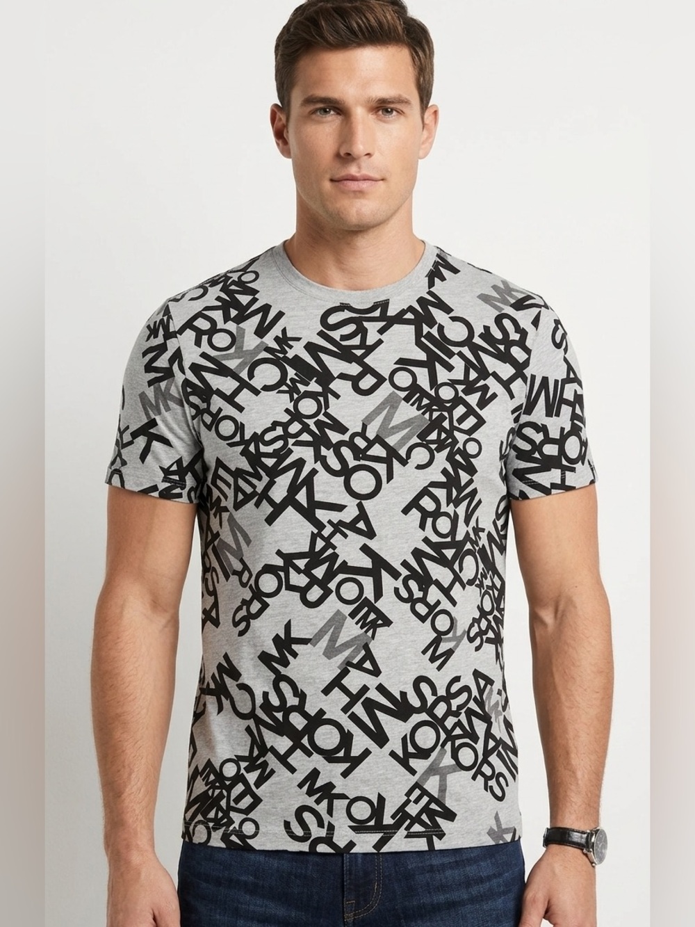 MICHAEL KORS Men's All-Over Logo Print T-Shirt | Grey & Black MK Crewneck Tee S